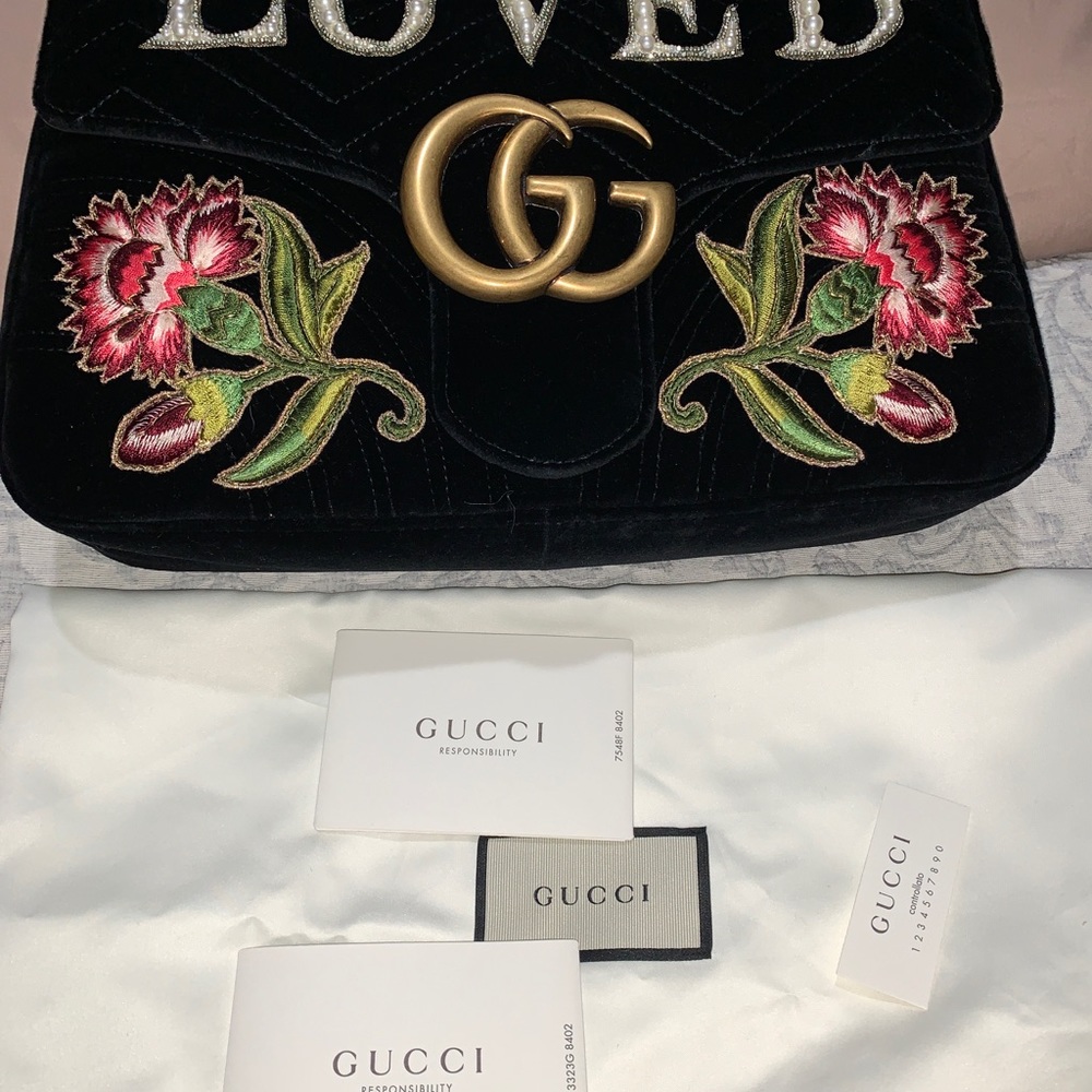 Sold Gucci Marmont Med “Loved” Black  Velvet - Picture 11 of 16